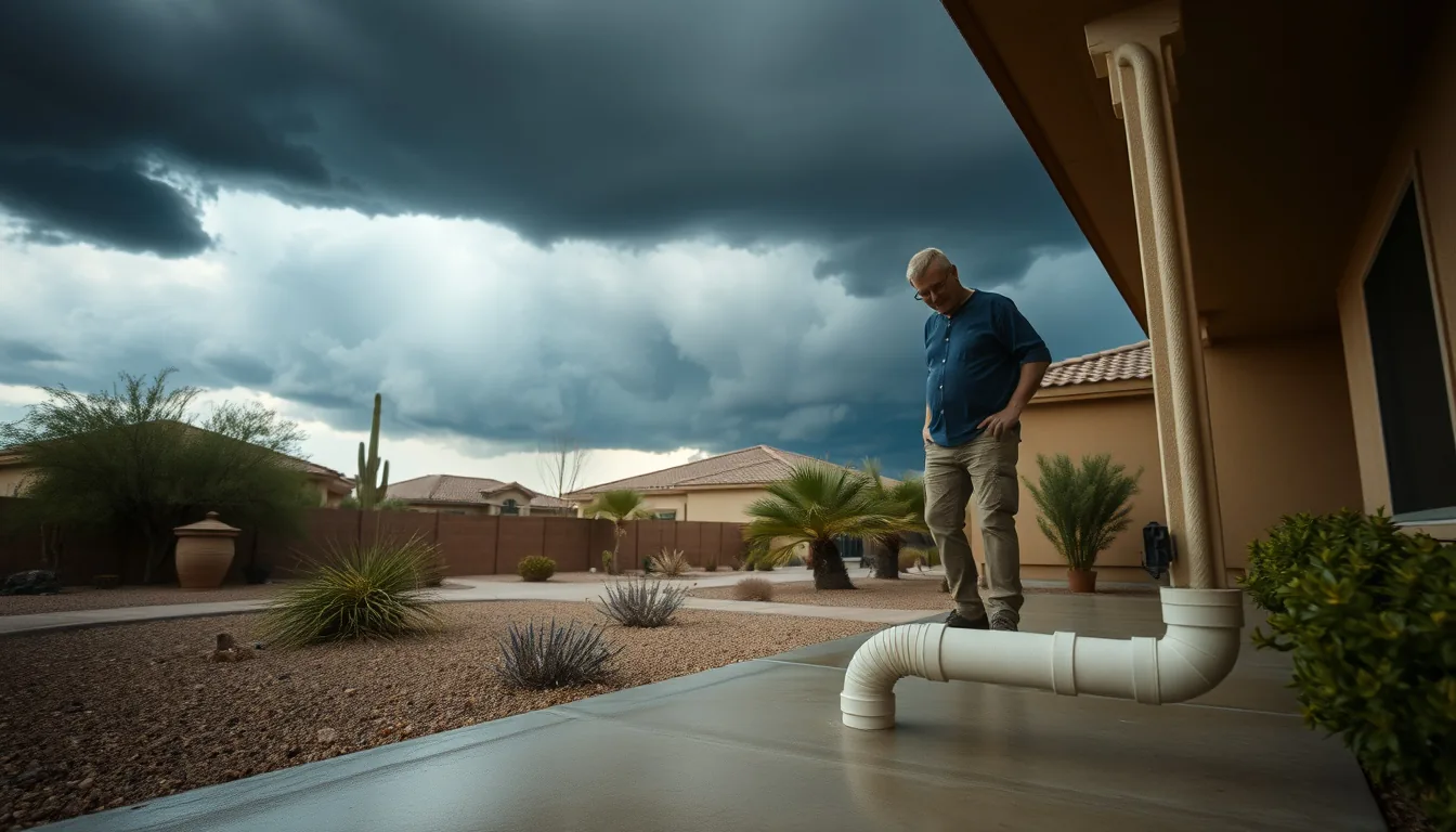 Dark monsoon storm clouds building over a Phoenix Arizona neighborhood driveway and sidewalk