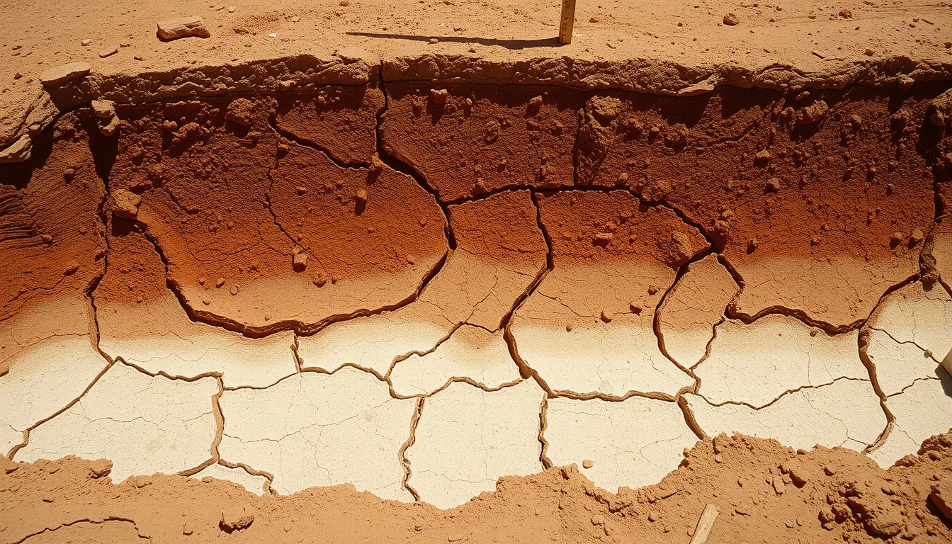 Layered caliche hardpan exposed in Arizona desert soil beneath a settling concrete slab