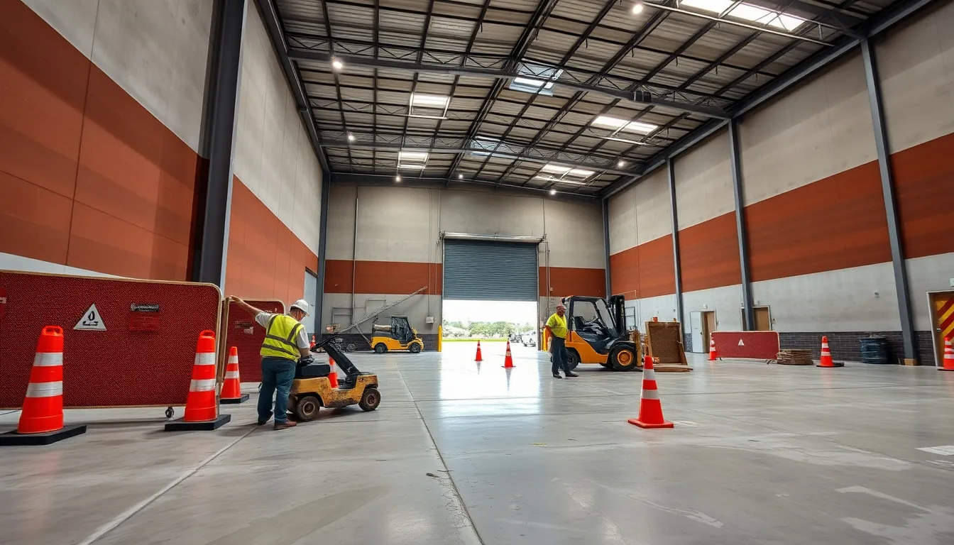 Crew leveling a settled warehouse concrete floor joint with polyurethane foam injection in a Phoenix distribution facility