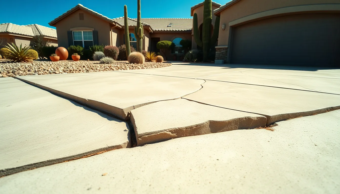 Sunken and cracked concrete driveway slab in front of an Arizona stucco home with desert landscaping