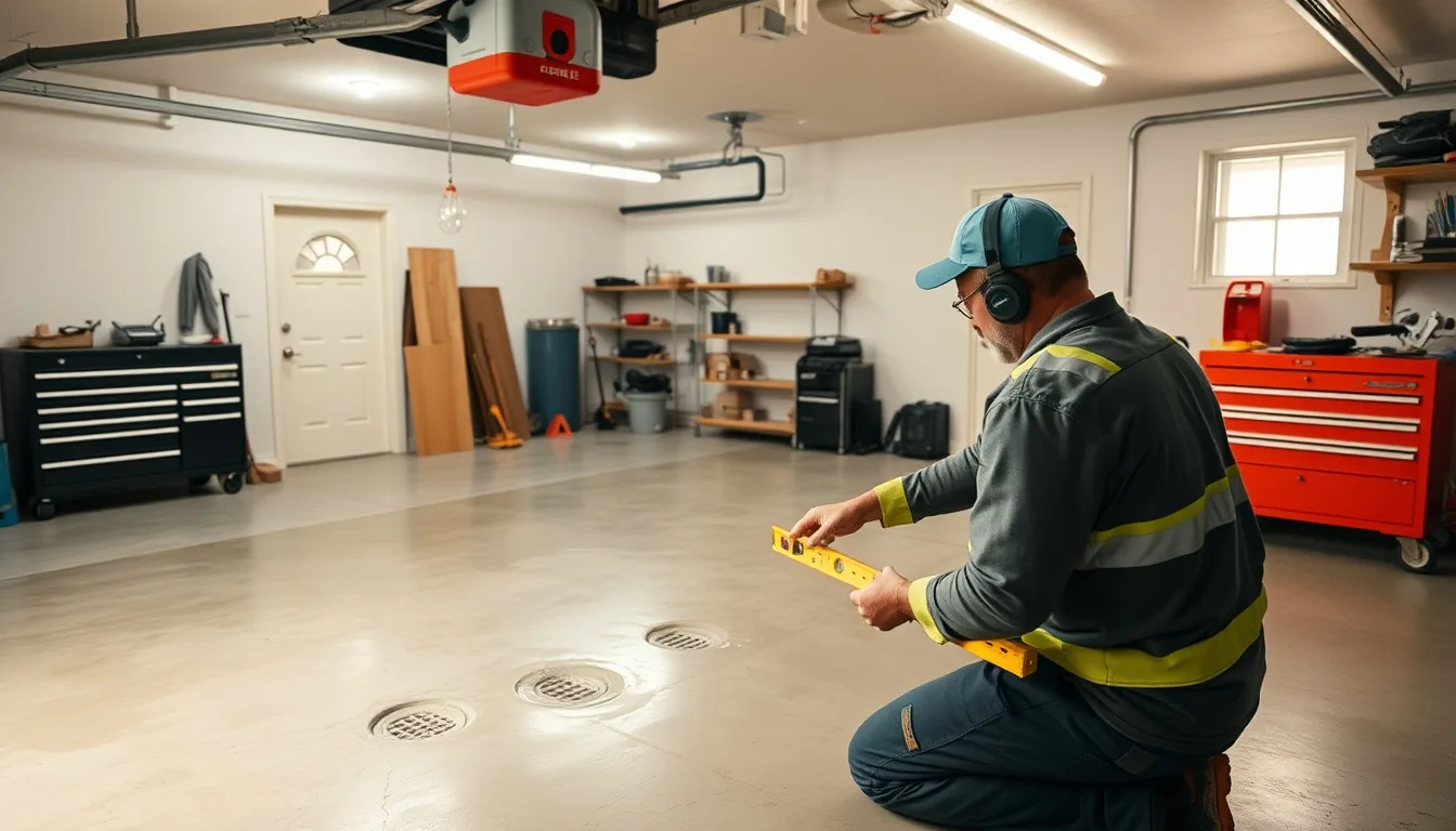 Polyurethane foam injection lifting a settled two-car garage concrete slab in an Arizona home