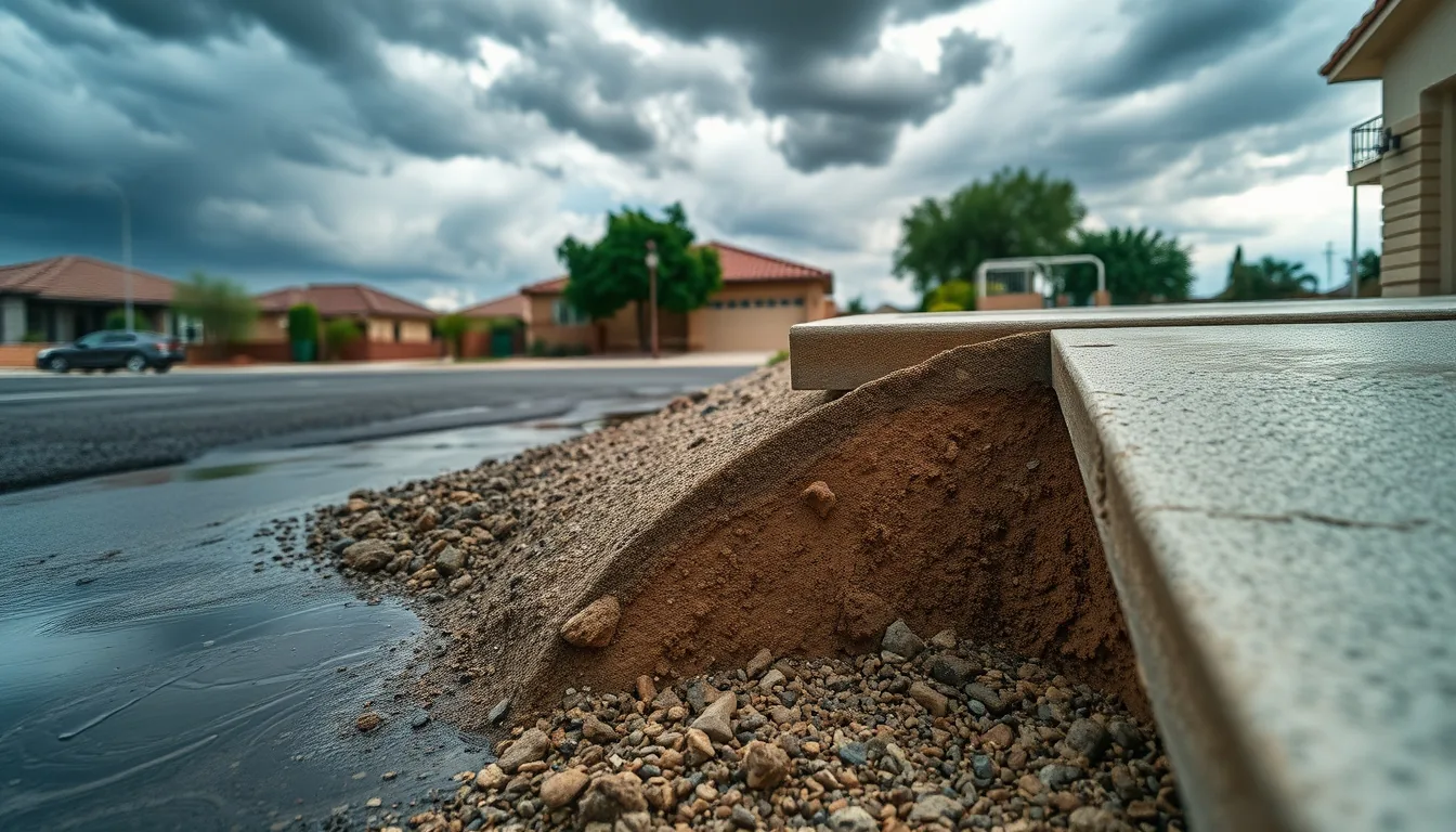 Monsoon runoff eroding the soil base beside a concrete driveway edge in Arizona