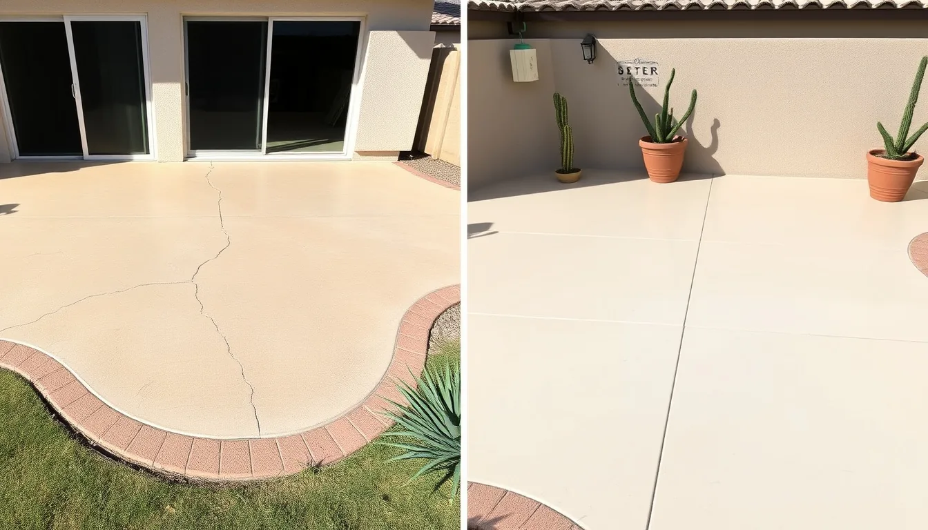 Before and after comparison of a sunken Arizona backyard patio slab lifted level with polyurethane foam injection