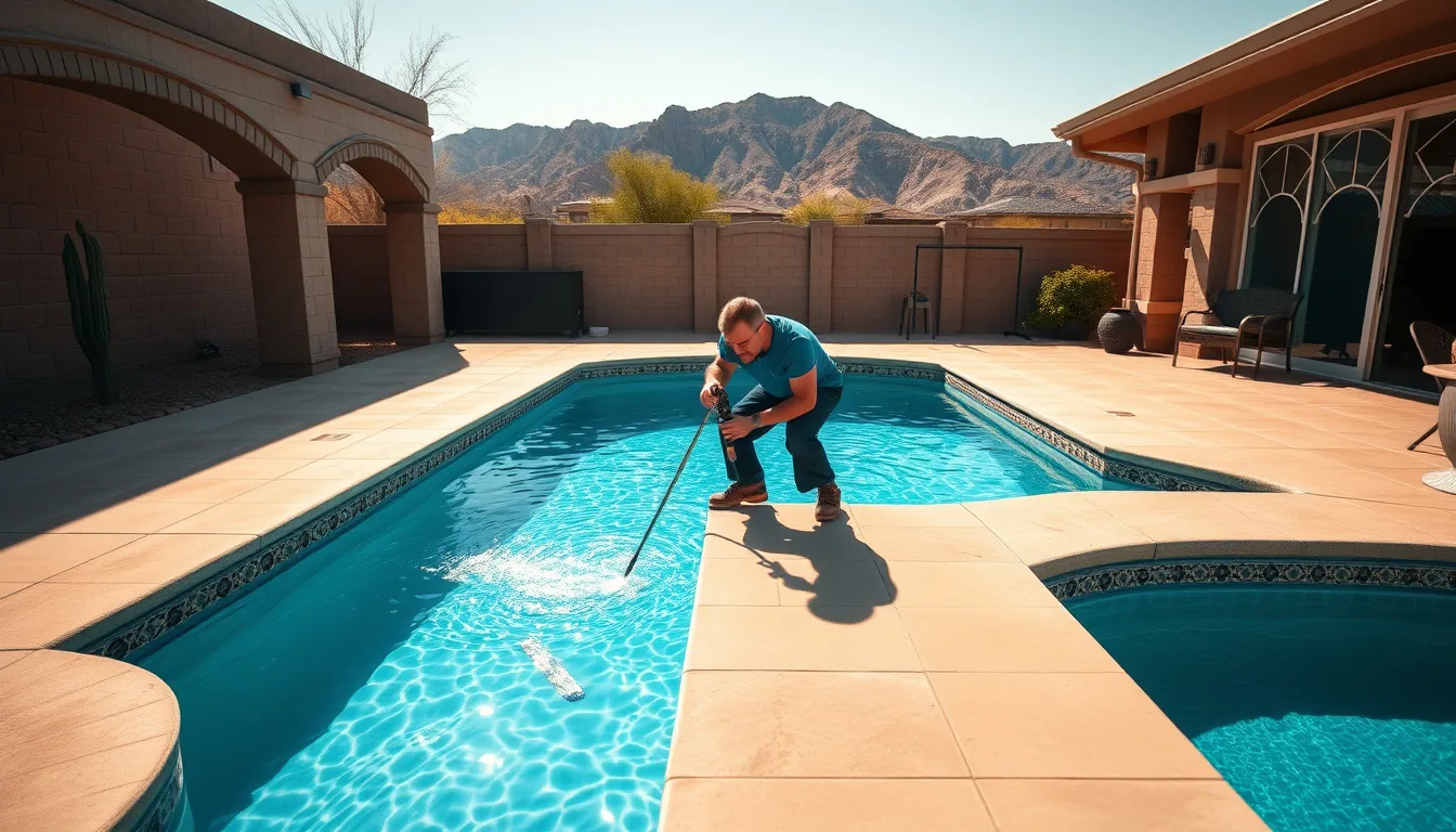 Sunken concrete pool deck slab tilting toward a backyard swimming pool at an Arizona home