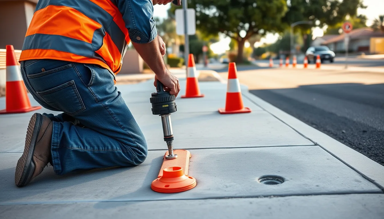Technician leveling an uneven public sidewalk section with polyurethane injection equipment behind safety cones