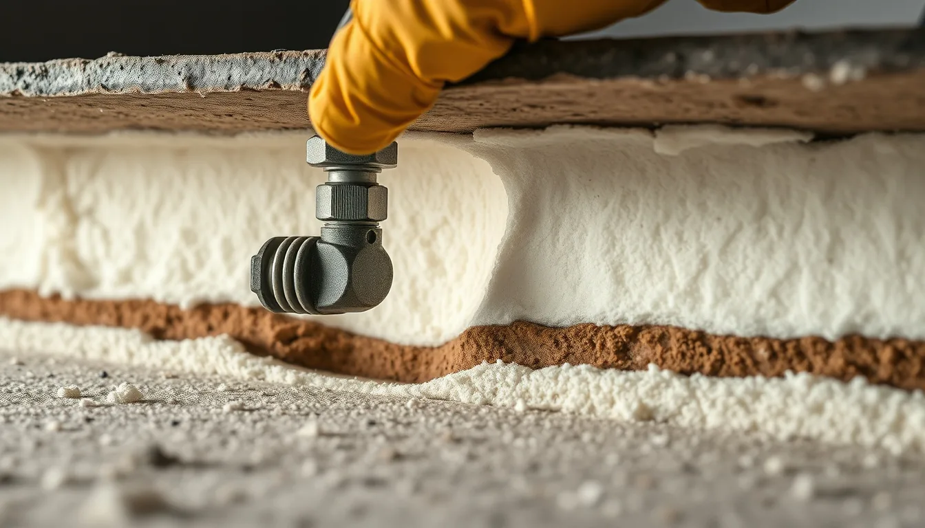 Polyurethane foam injection filling a washout void beneath a concrete slab edge after an Arizona monsoon storm